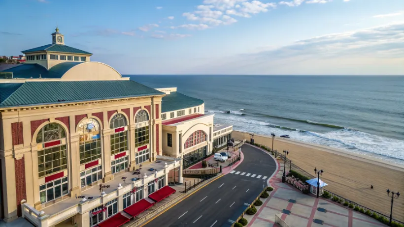 Hampton Beach Casino Ballroom building exterior with ocean in background